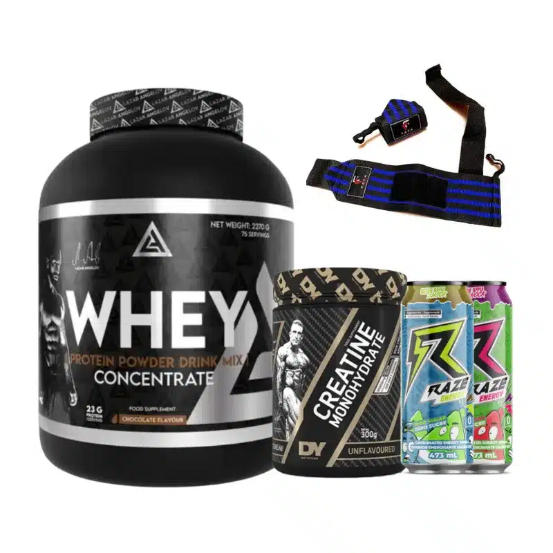 PACK LAZAR WHEY 2,27KG - CREATINE MONOHYDRATE DORIAN YATES 300G - 2 RAZE - FAFA STRAPS