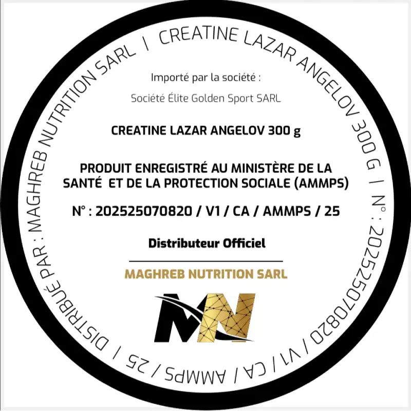 Sticker d'enregistrement AMMPS de la Créatine Lazar Angelov 300g mentionnant Maghreb Nutrition SARL comme distributeur officiel