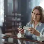 Une femme examine l’étiquette d’un complément alimentaire