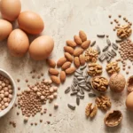 Œufs, amandes, noix, graines de tournesol, lentilles et pois chiches sur une surface claire · أطعمة غنية بالبيوتين والزنك