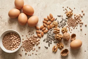 Œufs, amandes, noix, graines de tournesol, lentilles et pois chiches sur une surface claire · أطعمة غنية بالبيوتين والزنك