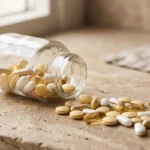 Comprimés et gélules de multivitamines versés d'un flacon en verre · أقراص وكبسولات الفيتامينات المتعددة