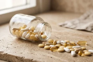 Comprimés et gélules de multivitamines versés d'un flacon en verre · أقراص وكبسولات الفيتامينات المتعددة