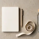 Carnet vierge, stylo, mètre ruban et gourde posés sur une surface claire · دفتر ومتر وقارورة ماء