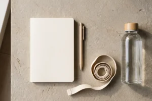Carnet vierge, stylo, mètre ruban et gourde posés sur une surface claire · دفتر ومتر وقارورة ماء