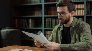 Homme lisant un rapport à une table couverte de documents, photographie d'illustration