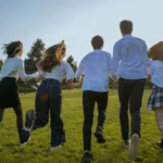 Cinq jeunes vus de dos courant ensemble sur une pelouse au coucher du soleil, article sur le running chez les jeunes au Maroc