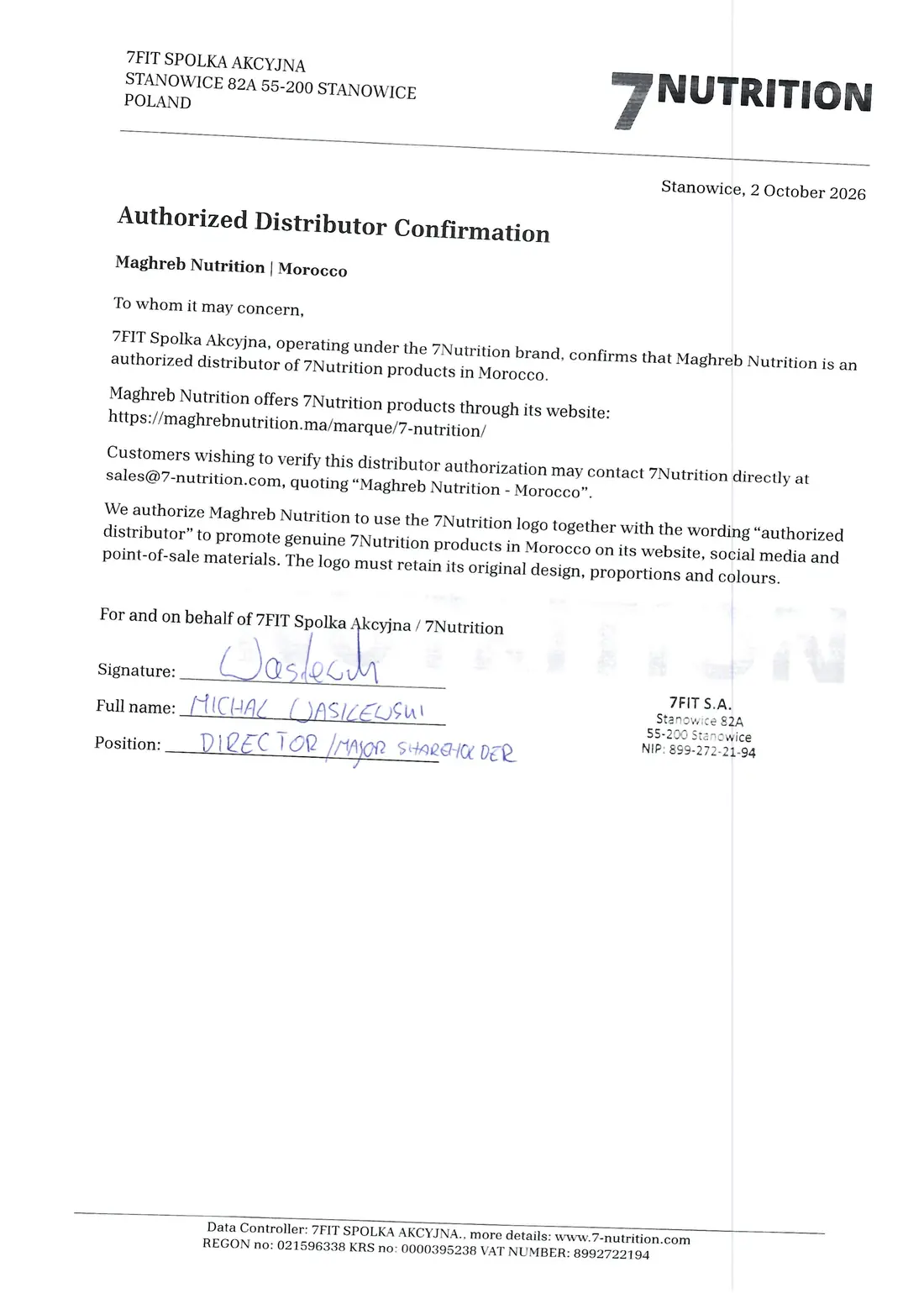 Page 1 de la lettre de 7FIT S.A. du 2 octobre 2026 : 7Nutrition confirme que Maghreb Nutrition est distributeur autorisé de ses produits au Maroc, avec la signature de Michał Wasilewski et le cachet de la société