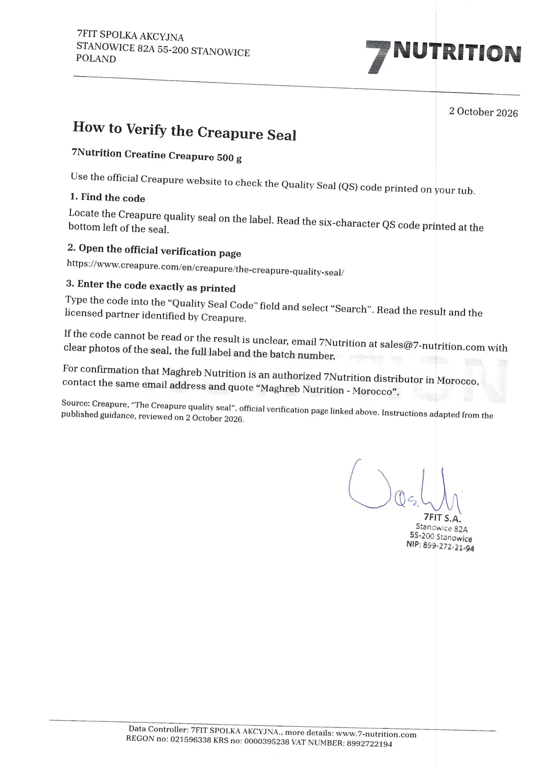 Page 2 de la lettre de 7FIT S.A. : comment vérifier le sceau Creapure de la créatine 7Nutrition de 500 g, signée et tamponnée