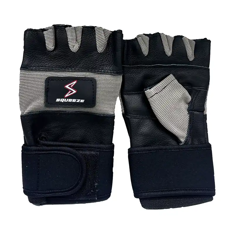 Gants de musculation Squeeze noir et gris, demi-doigts avec sangle de poignet à scratch